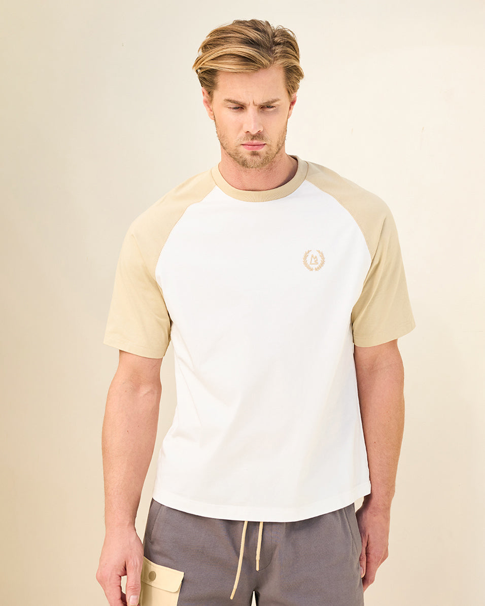 White-Khaki Contrast Raglan Regular Fit Tee