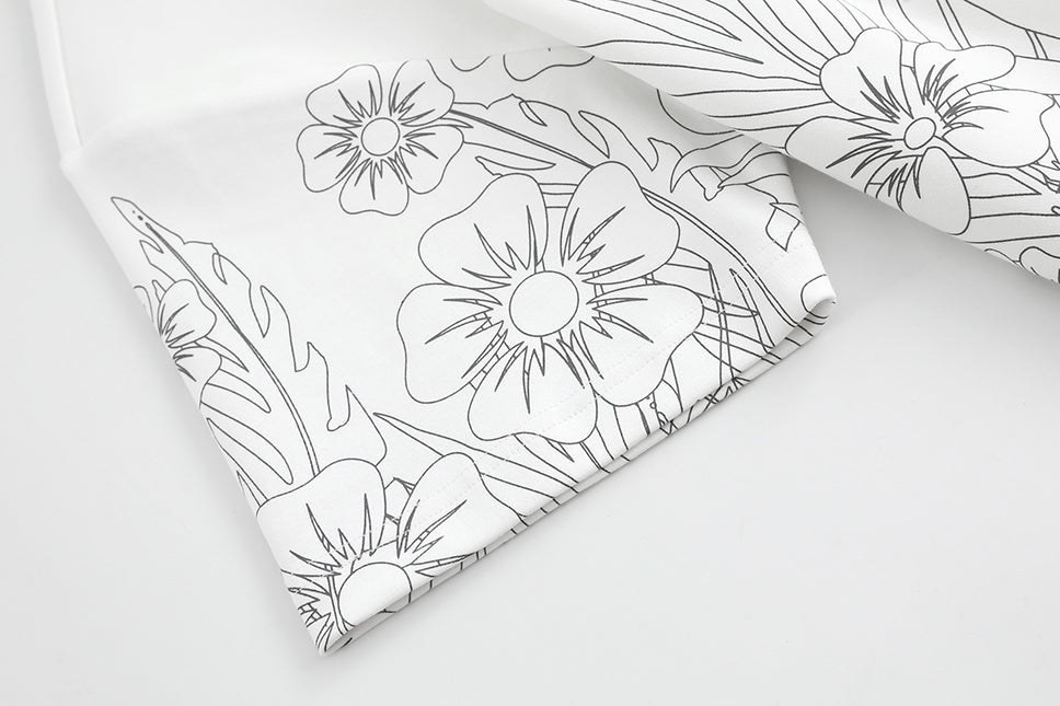 White Floral Outline Boxy Tee