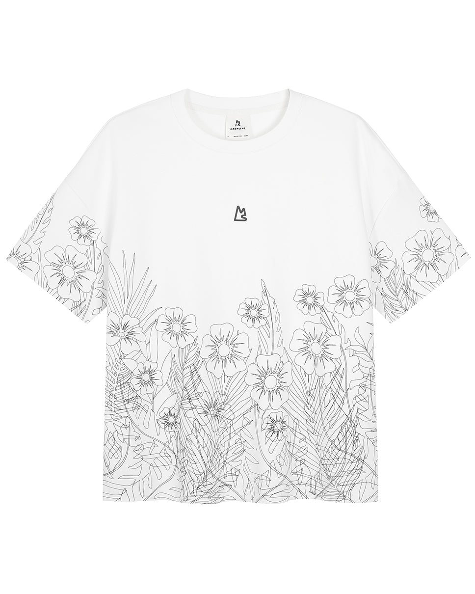 White Floral Outline Boxy Tee