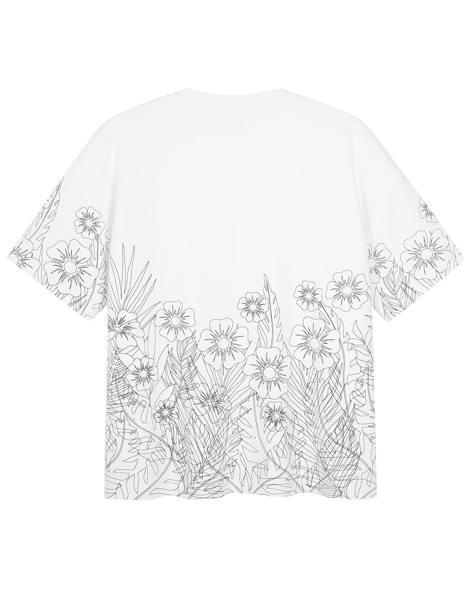 White Floral Outline Boxy Tee
