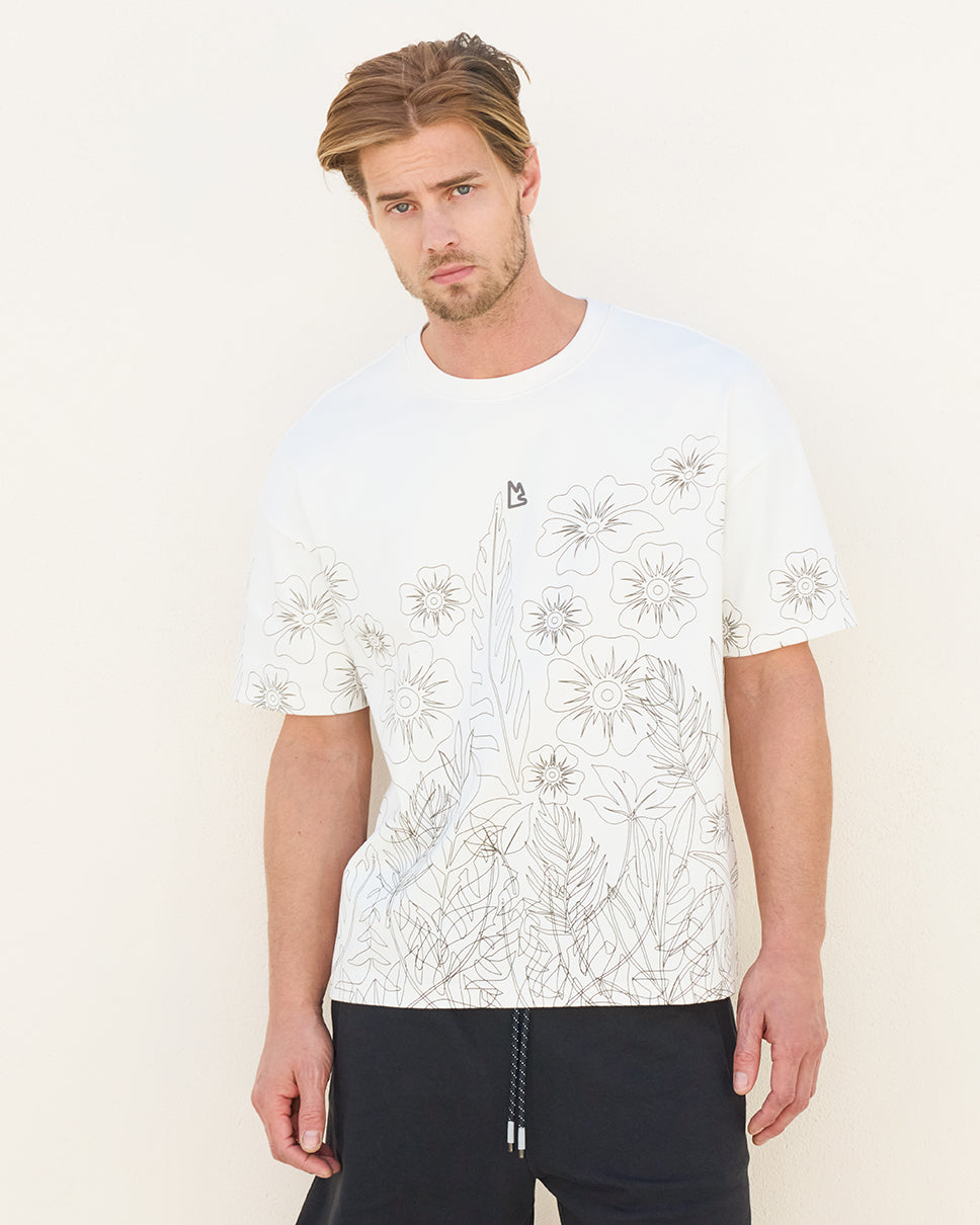 White Floral Outline Boxy Tee