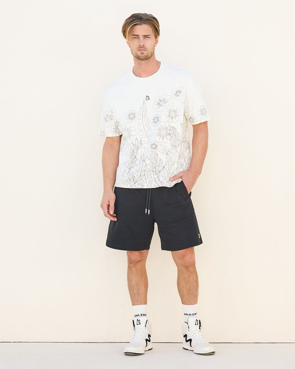 White Floral Outline Boxy Tee