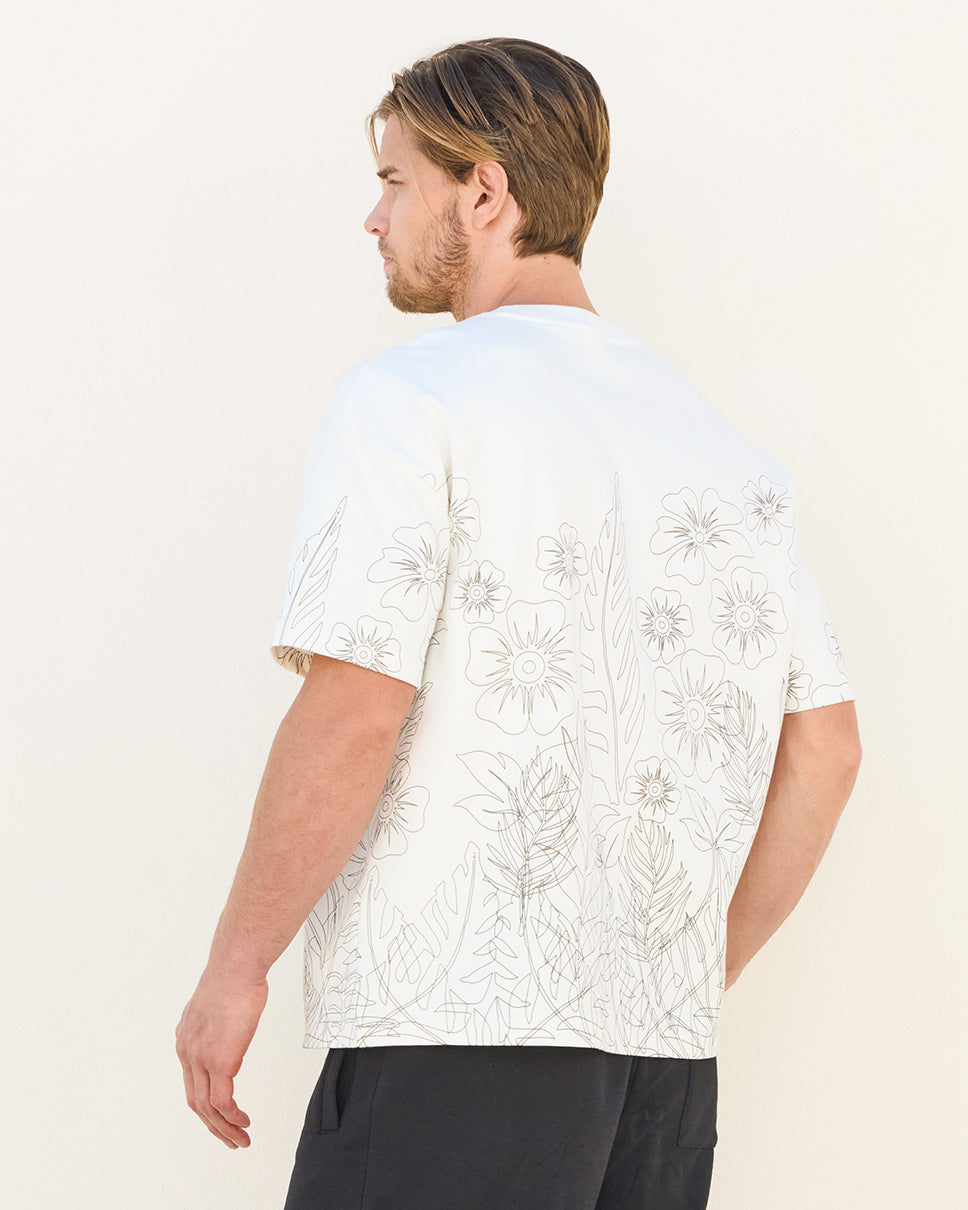 White Floral Outline Boxy Tee
