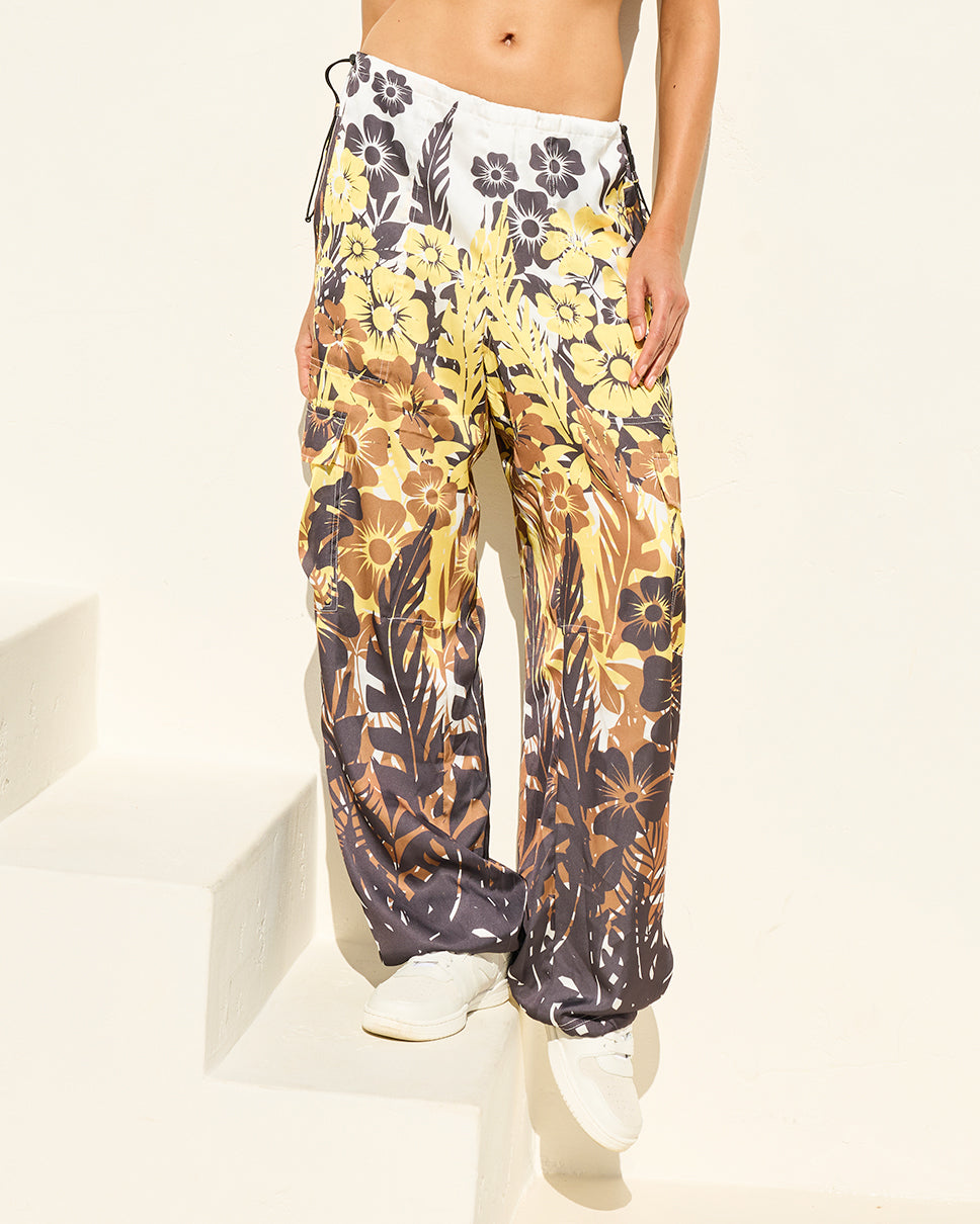 Women's Multi Yellow Floral Palm Wide Leg Pants