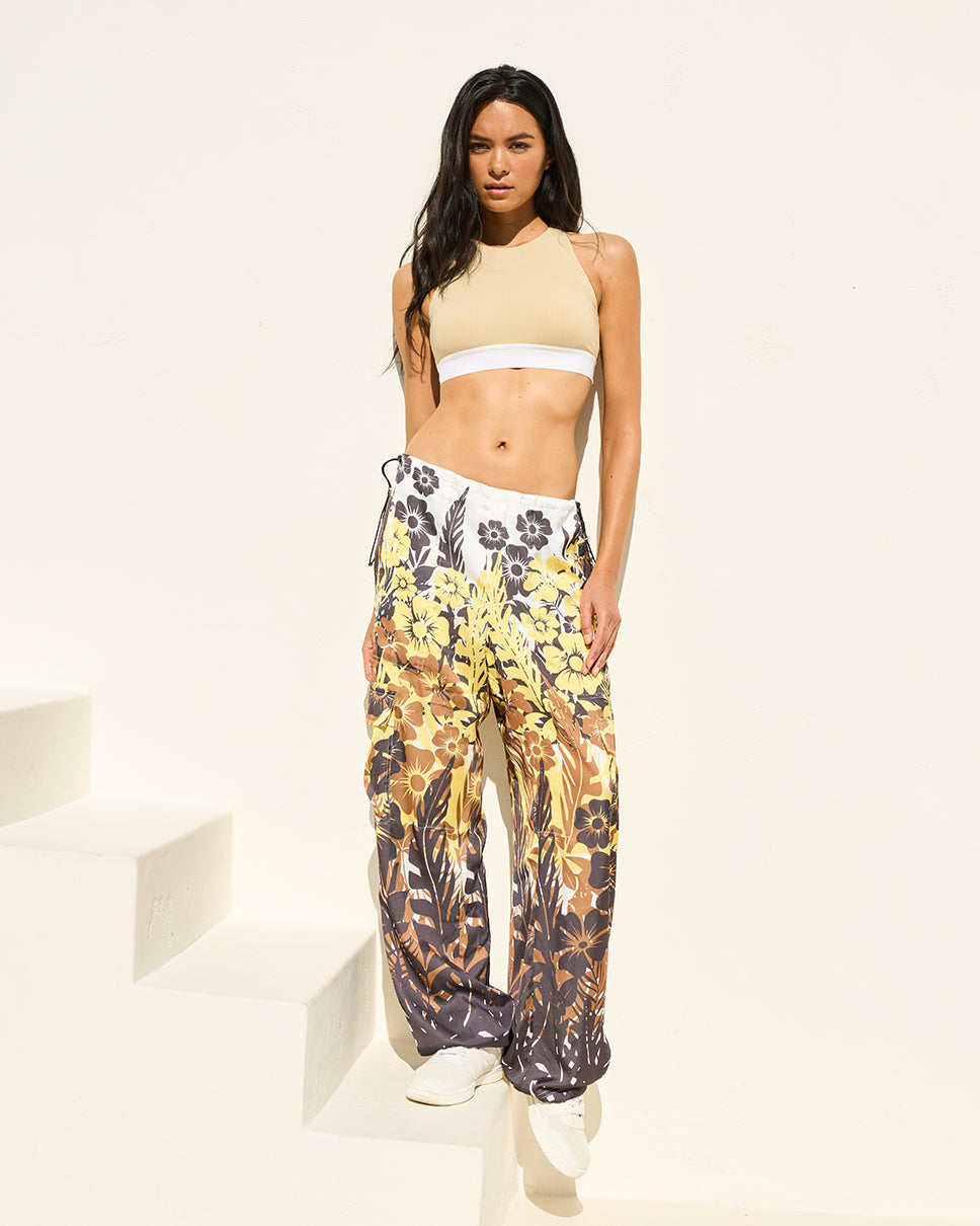 Women's Multi Yellow Floral Palm Wide Leg Pants