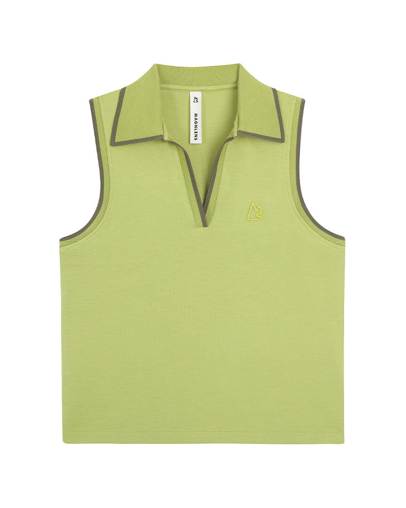 Green sleeveless shirt with collar on a white background