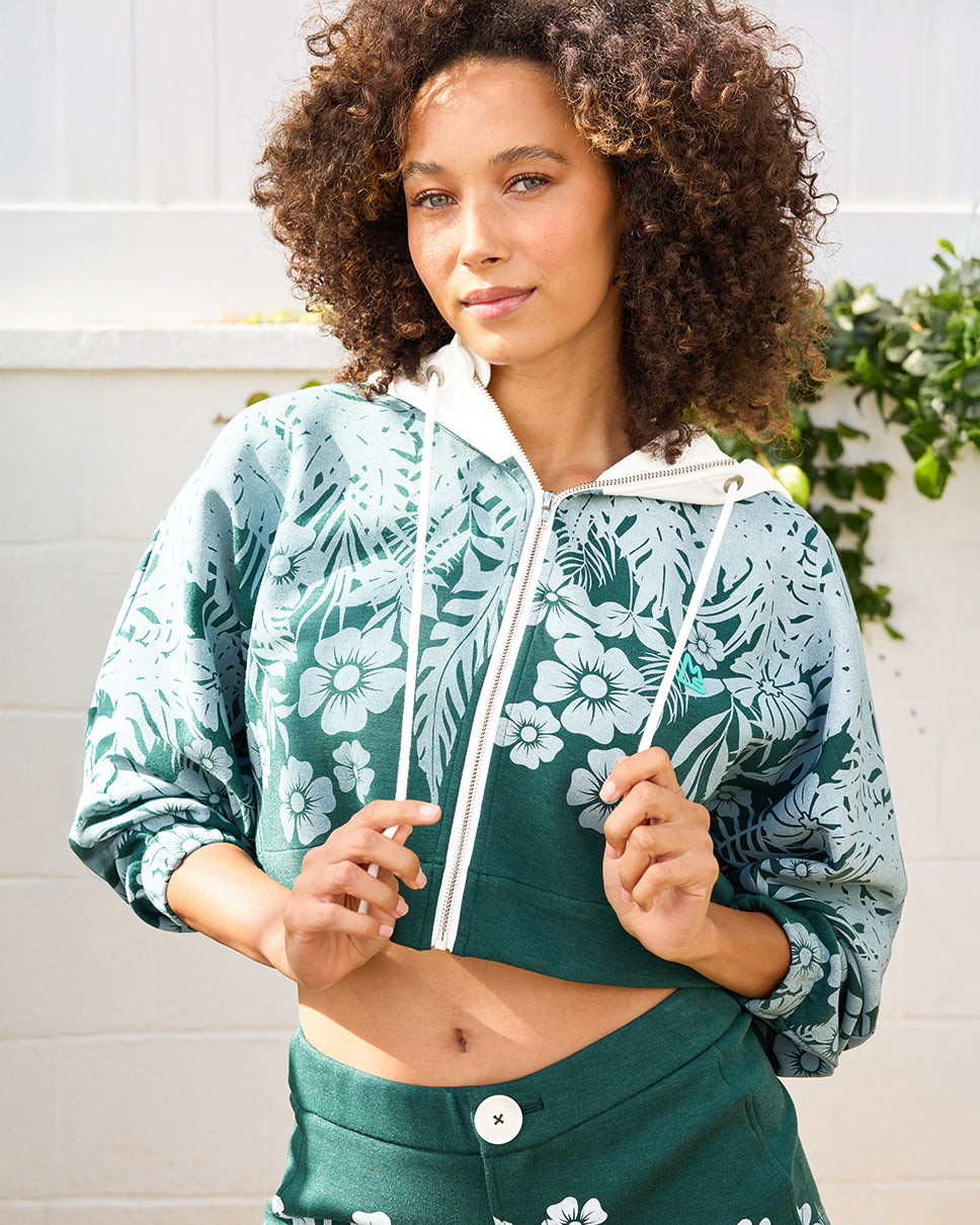 Floral Palm Kimono Cropped Hoodie