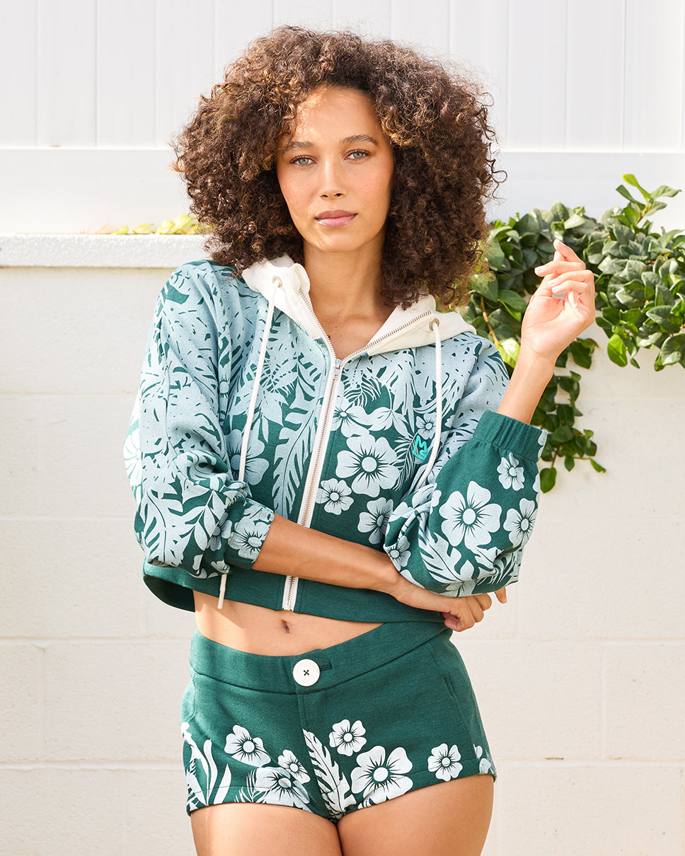 Floral Palm Kimono Cropped Hoodie